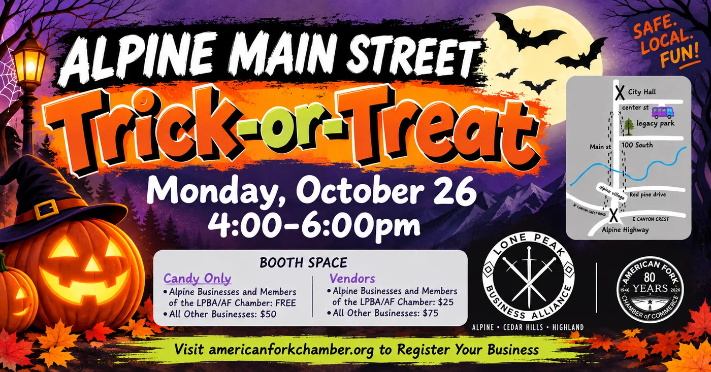 Alpine Main Street Trick-or-Treat — Monday, October 26, 4:00 to 6:00 PM, with a map of Main Street and booth pricing for candy-only and vendor booths