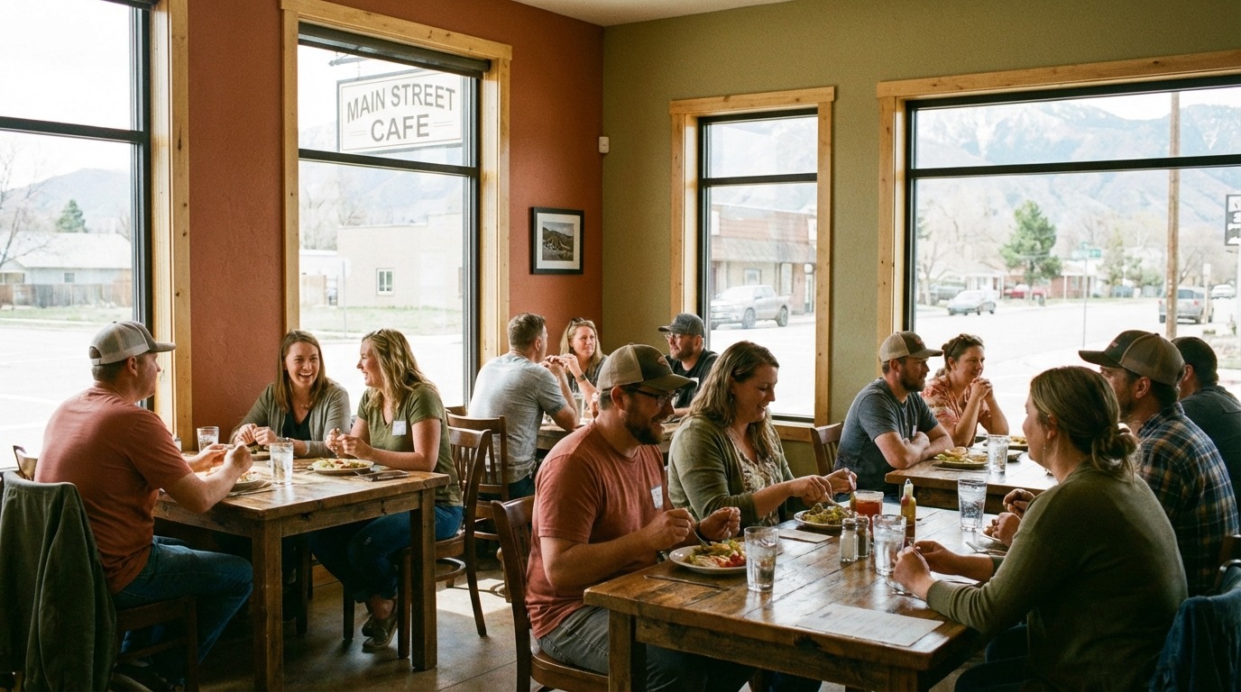 Local business professionals networking over lunch at a community gathering